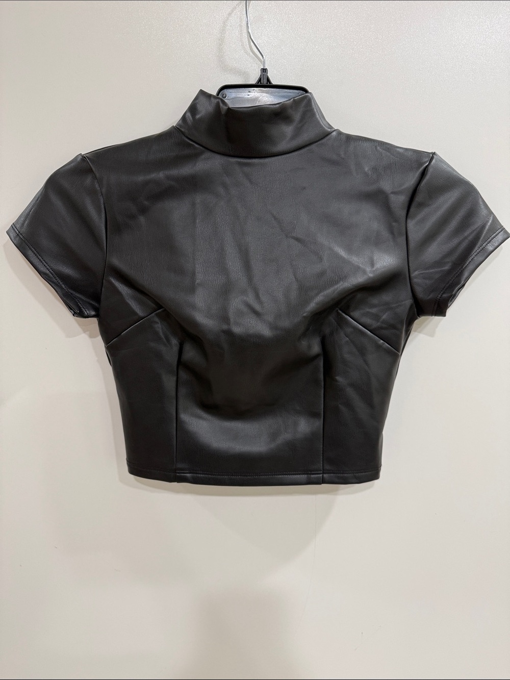 Forever 21 Black Faux Leather Short Sleeve Crop Mock Neck Top